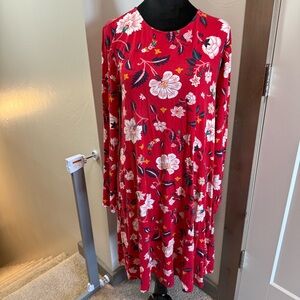 Old Navy Long Sleeve Floral Oriental Stretchy Dress Midi Red White‎ Casual L